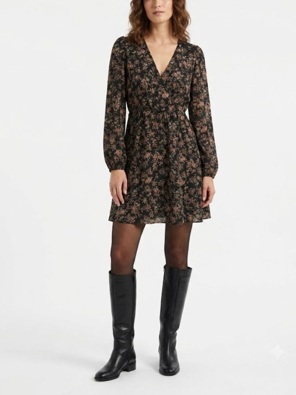 CUPSHE Floral Ruffle Mini Dress Black Long Sleeve Size M